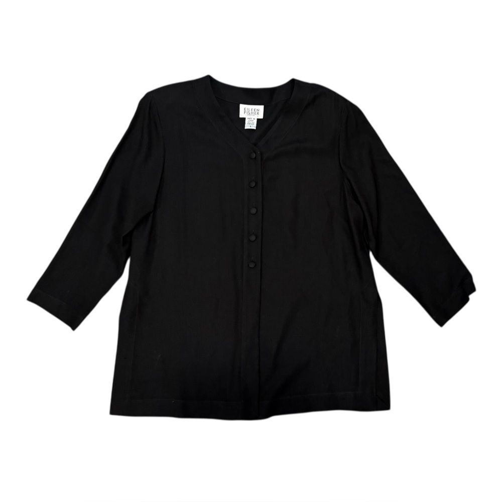 Eileen Fisher 100% Silk Black Blouse Top With Shoulder Pads Button Down Size S